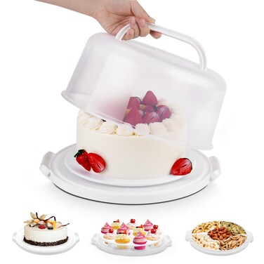 Cake Carrier with Lid and Handle Multipurpose Cake Stand Fits 10 inch Cake Cupcake Containers for 11 CupcakesCake Holder Serves as Five Section Serving Tray Portable Cheesecake Container White