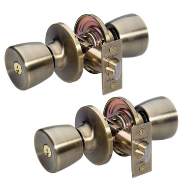 Master Lock TUO0105T Tulip Door Knob with Lock Antique Brass Pack of 2
