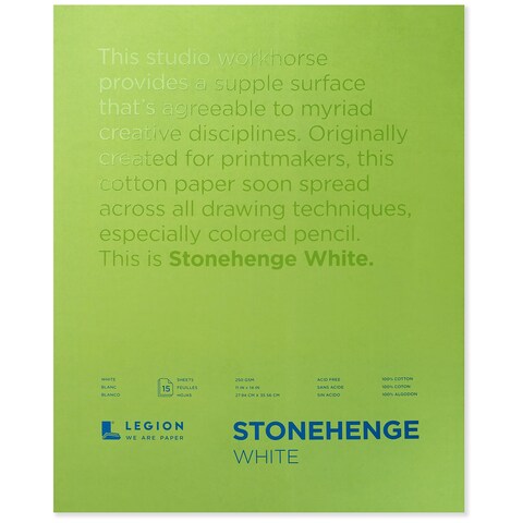 Stonehenge 100 Cotton Medium Weight Pad White 11 x 14 inches 250gsm 15 Sheets for Dry Media