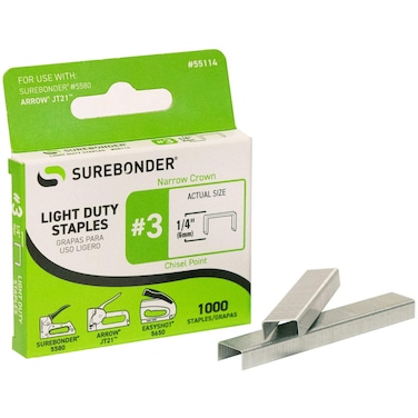 Surebonder 55114 Light Duty 14Inch Leg Length 441Inch Crown Staples Arrow JT21 Type 1000 Count