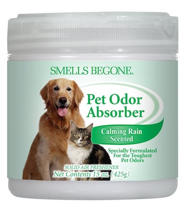 SMELLS BEGONE Pet Odor Absorber Gel  Air Freshener  Absorbs Odor from Bathrooms Cars Pet Areas Boats  RVs  Made with Essential Oils  Calming Rain Scent  15 Ounce