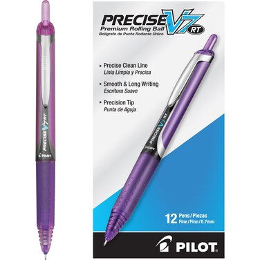 Pilot Precise V7 RT Refillable  Retractable Liquid Ink Rolling Ball Pens Fine Point 07 mm Purple 12Pack