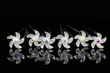 Set of 6 Pinwheel Flower Hair Pins  AB Crystals Silver Plated H101