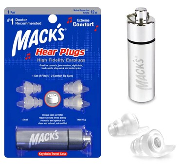 Macks High Fidelity Ear Plugs for Concerts Musicians Motorcycles Noise Sensitivity  1 Pair 2 Comfort Tip Sizes  Clear Hear Plugs with Case