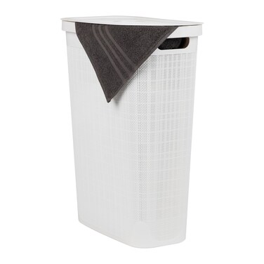 Mind Reader 40L Slim Laundry Hamper Clothes Basket Lid Linen Design Plastic 185L x 1075W x 235H White