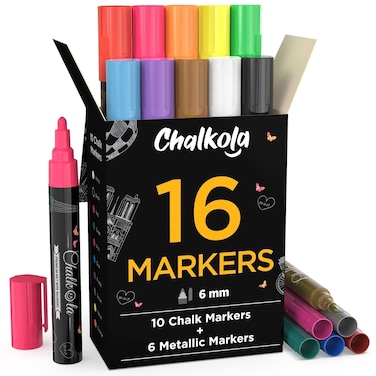 Chalkola Liquid Chalk Markers  Metallic Colors Pack of 16 Chalk Pens  For Chalkboard Blackboards Window Glass Bistro  6mm Reversible Bullet  Chisel Tip Erasable Ink