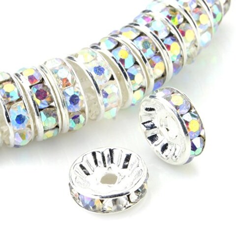 RUBYCA 100pcs 10mm A Round Rondelle Spacer Charm Beads Silver Tone AB White Czech Crystal