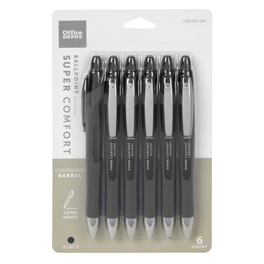 Office Depot Retractable Ballpoint Pens With Grip Medium Point 10 mm Black Barrel Black Ink Pack Of 6