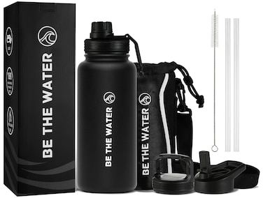 BE THE WATER 32 oz Sports Water Bottle with a Pouch 3 Lids 2 Straws  Keeps Hot and Cold Water Leak Proof Double Walled Vacuum Insulated Stainless Steel Metal Water Bottles