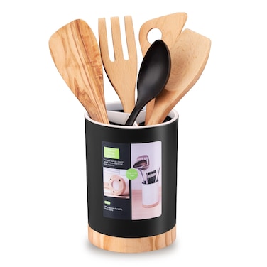 Tiosamd Kitchen Utensil Holder Tableware Storage Bucket Spoon Chopsticks Fork Drain Rack Utensil Crock for Counter Household 3Format Tableware Drainer with Removable Divider and Wooden Base