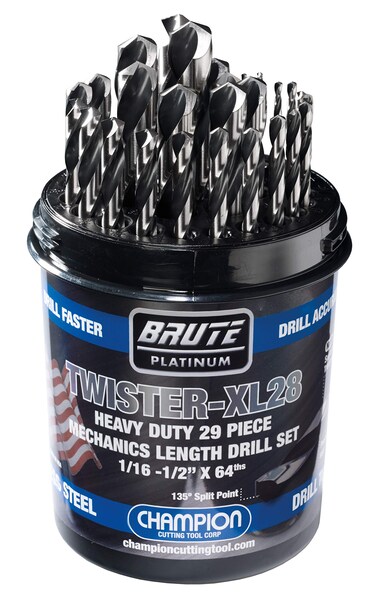 Champion Cutting Tool Brute Platinum 29 Piece 11612 x 64ths HSS Mechanics Length TwisterXL28 Drill Bit Set135 Degree Split Point Water Resistant IndexMADE IN USA