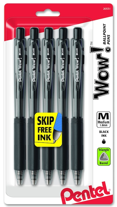 Pentel WOW Retractable Ballpoint Pens Medium Line Black Ink 5 Pack BK440BP5A