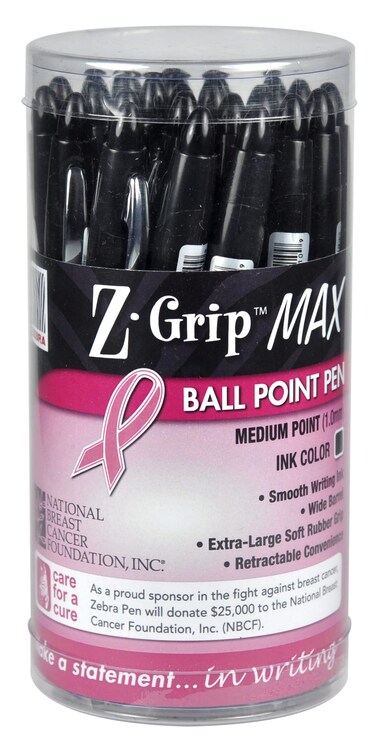 Zebra Pen ZGrip MAX BOLD Retractable Ballpoint Pen 12mm Black with Pink Ribbon 24Pack 32577