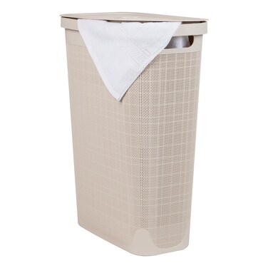 Mind Reader 40L Slim Laundry Hamper Clothes Basket Lid Linen Design Plastic 185L x 1075W x 235H Ivory