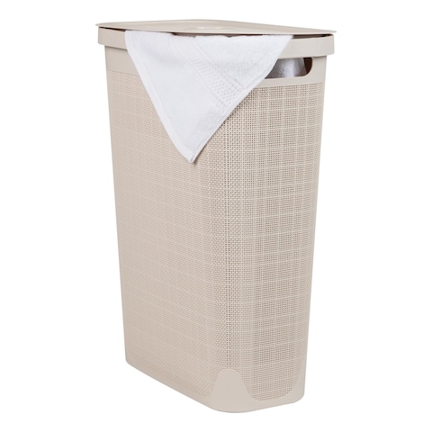 Mind Reader 40L Slim Laundry Hamper Clothes Basket Lid Linen Design Plastic 185L x 1075W x 235H Ivory