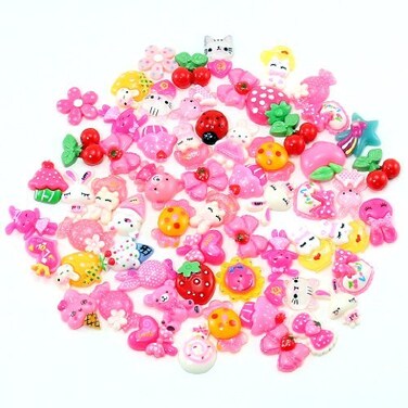 PUEEN 50pc Assorted Bows Cats Strawberry Lady Bug Ice Cream Cupcake Teddy Bear Floral Hearts Bunny Candy  More Flat Back Resin Cabochons Art  Cell Phone DecorationsBH000739