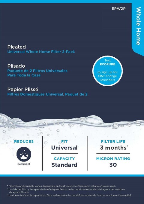 EcoPure EPW2P Pleated Whole Home Replacement Water FilterUniversal Fits Most Major Brand Systems 2 Pack 2 Count Pack of 1 WhiteBlue