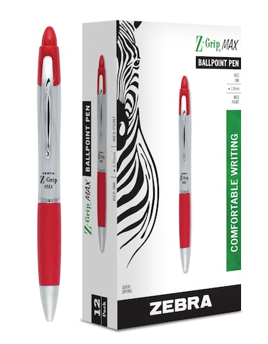 Zebra ZGrip MAX Ballpoint Pen Retractable Medium 1 mm Red Ink Silver Barrel 12Pack