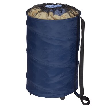 Household Essentials Rolling Pop Up Hamper Drawstring Closure with Shoulder Strap and Removable Wheels Blue