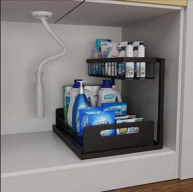 Under Sink Organizer and Storage for Kitchen Bathroom Cabinet  2 Tier Slide Out Sink Shelf Cabinet Drawer  Store Large Items  No Drilling Rustproof Carbon Steel Shelf  Black  1 Pack