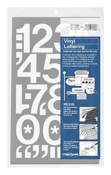 Chartpak SelfAdhesive Vinyl Numbers 2 Inches High White 12 Numbers per Pack 01156
