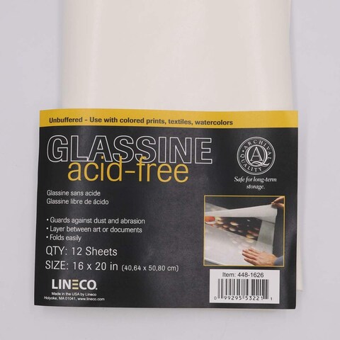 Lineco 16x20 Glassine Sheets AcidFree Unbuffered Interleaving Tissue White