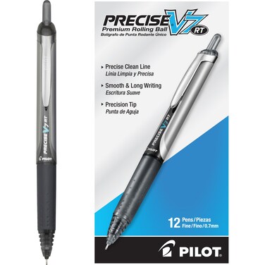 Pilot Precise V7 RT Refillable  Retractable Liquid Ink Rolling Ball Pens Fine Point 07 mm Black 12Pack