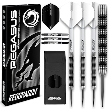 RED DRAGON Pegasus Tungsten Steel Darts Set  30 Gram  White Shafts White Extra Thick Flights and Case