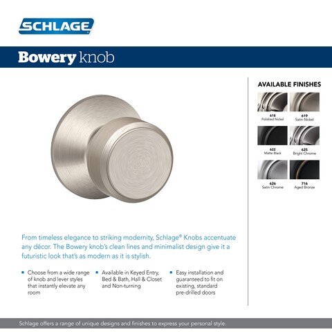 Schlage F10 BWE 622 Bowery Door Knob Hall  Closet Passage Lock Matte Black