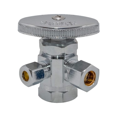Eastman MultiTurn Dual Outlet 3Way ShutOff Valve 12 Inch FIP x 38 Inch OD Compression x 14 Inch OD Compression Chrome Plated 04320LF