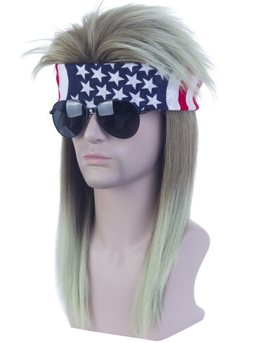 Angelaicos Unisex Mullet Wig 70s 80s Vintage Retro Rocker Disco Long Brown Green Hair Bandana