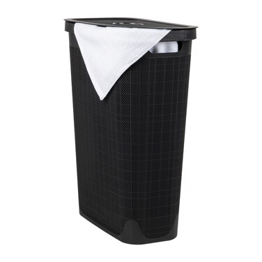 Mind Reader 40L Slim Laundry Hamper Clothes Basket Lid Linen Design Plastic 185L x 1075W x 235H Black