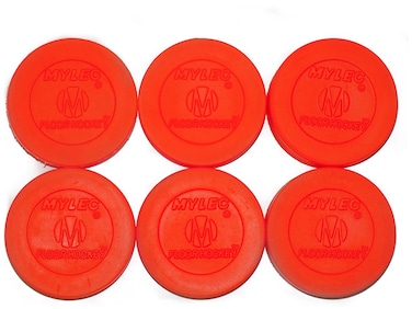 Mylec Hockey Pucks for Indoor  Outdoor Hockey Lightweight Hollow Plastic Pucks for Street Hockey Orange Pack of 6