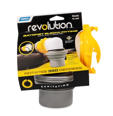 Camco Revolution RV Sewer Hose Bayonet Elbow  Features a BuiltIn Gasket for an OdorTight Connection a 360Degree Swivel for Easy Install and Includes a 4in1 Adapter 39471