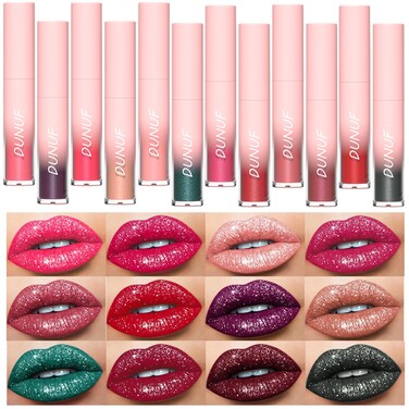 Dulele 12 PCS Diamond Glitter Liquid Lipstick Set Long Lasting  NonStick Cup Metallic Shimmer Matte Full Colour Tinted Lipstick Lip Gloss Highly Pigmented Shinning Lipstick
