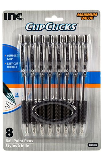Clip Click Retractable Ball Point Pens 10 mm Black Ink Set of 8