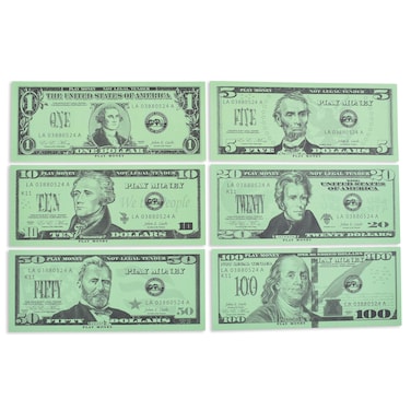 LEARNING ADVANTAGE Play Bills Set  35 Ones 25 Fives 20 Tens 15 Twenties 5 Fifties and 5 Hundreds  Replica Bills for Pretend Play with Fake Currency