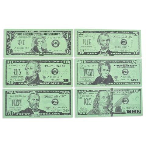 LEARNING ADVANTAGE Play Bills Set  35 Ones 25 Fives 20 Tens 15 Twenties 5 Fifties and 5 Hundreds  Replica Bills for Pretend Play with Fake Currency