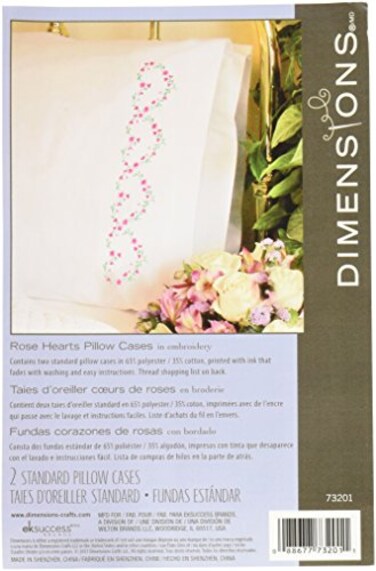 Dimensions DIY Pillow Case Embroidery Kit Rose Hearts 20 x 30 2 pcs
