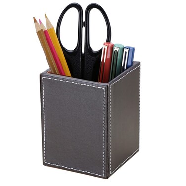 KINGFOM PU Leather Square Pens Pencils Holder Cup Desktop Stationery Organizer Case Office Accessories Container Box Brown