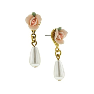 1928 Jewelry Womens Pink Porcelain Rose Faux Pearl Drop Earrings