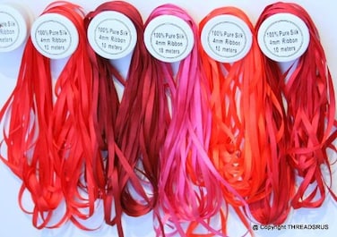 New 7mm Size ThreadNanny 5 Spools of 100 Pure Silk Ribbons  RED Tones  50 MTS x 7mm