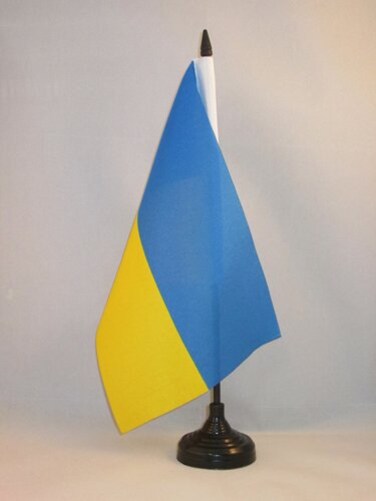 Ukraine Table Flag 5 x 8  Ukrainian Desk Flag 21 x 14 cm  Black plastic stick and base  AZ FLAG