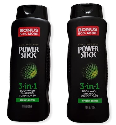 Power Stick 3 in 1 for Men Shampoo Conditioner Body Wash Spring Fresh 18 oz 50 Bonus More 2 Pack