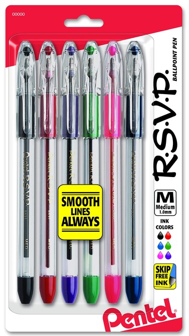 Pentel RSVP Ballpoint Pen Medium Line Assorted Ink 6 Pack BK91BP6M