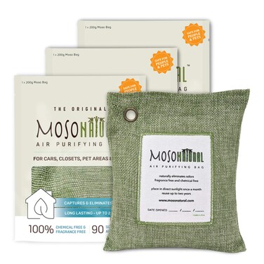 Moso Natural Air Purifying Bag 200g 3 Pack A Scent Free Odor Eliminator for Cars Closets Bathrooms Pet Areas Premium Moso Bamboo Charcoal Odor Absorber Green
