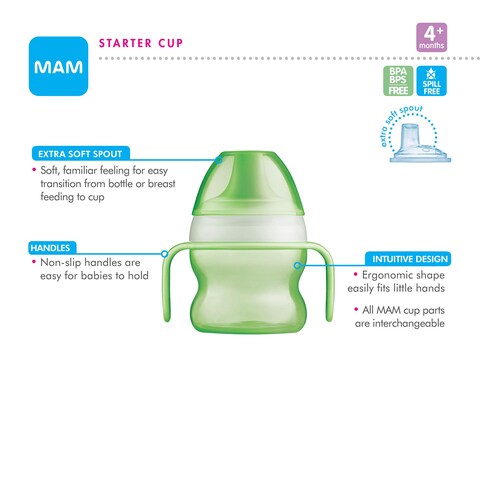 MAM Starter Cup 1 Count MAM Sippy Cup Drinking Cup with ExtraSoft SpillFree Spout and NonSlip Handles for Boys 4 Months Five Ounces Blue