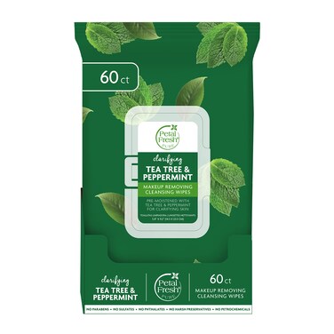 Petal Fresh Clarifying Tea Tree  Peppermint Makeup Removing Cleansing Towelettes Gentle Face Wipes Daily Cleansing Vegan and Cruelty Free 60 count