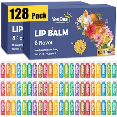YesBes 128 Pack Lip Balm Natural Lip Balm Bulk with Vitamin E and Coconut Oil Moisturizing Lip Balm for Dry Cracked Lips Lip Balm for Stocking Stuffers  8 Flavors