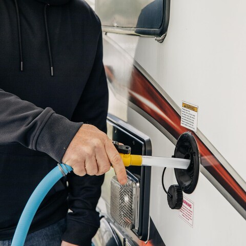 Camco RV Water Tank Filler with Shutoff Valve  Quickly and Efficiently Helps Fill Your Water Tank and Eliminate Line Backflow  Features a 58 Tube 40003